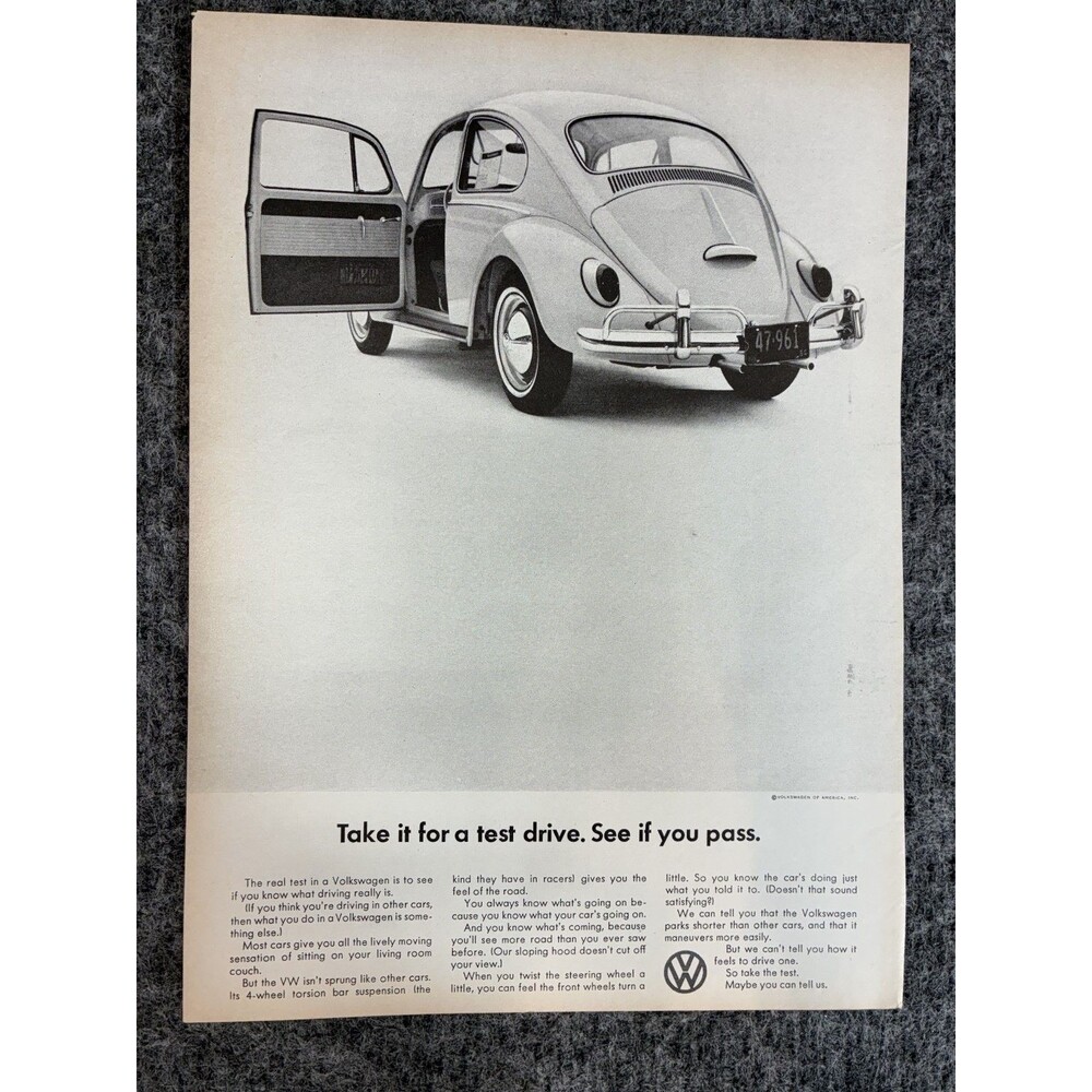 Vintage 1960s VW Beetle Car Ad "Take It For A Test Drive" Volkswagen Print Ad